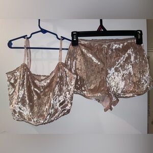 Fashion Nova Velvet Pajama Set in Tan